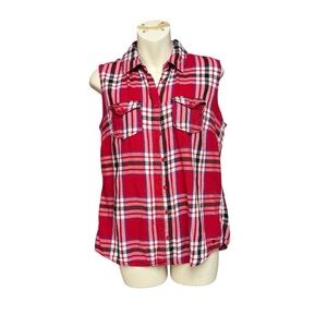 Aeropostale size medium upcycled Plaid Sleeveless Button Down Shirt Bon Jovi